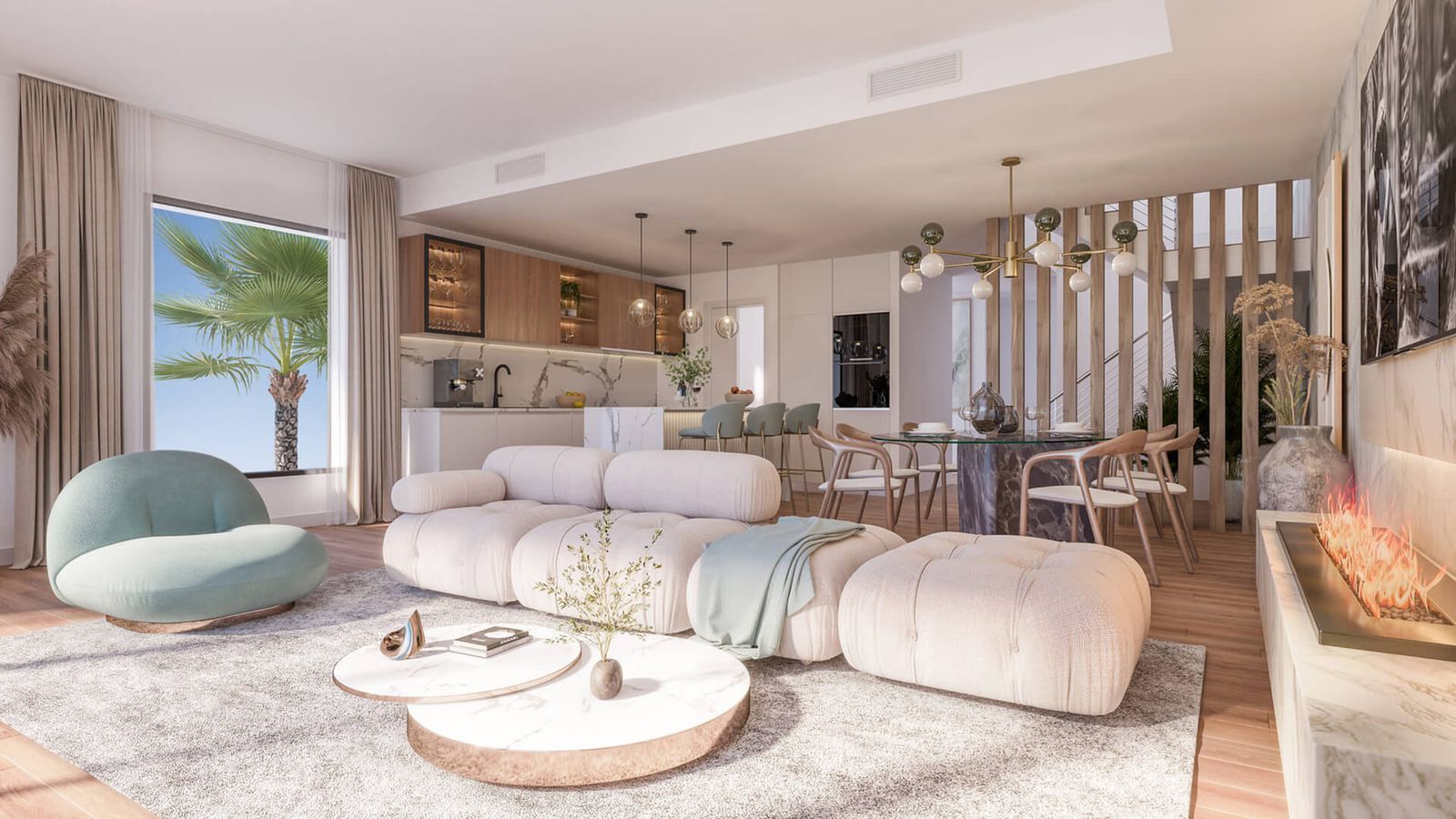 Luxe appartement woonkamer met moderne inrichting en uitzicht.