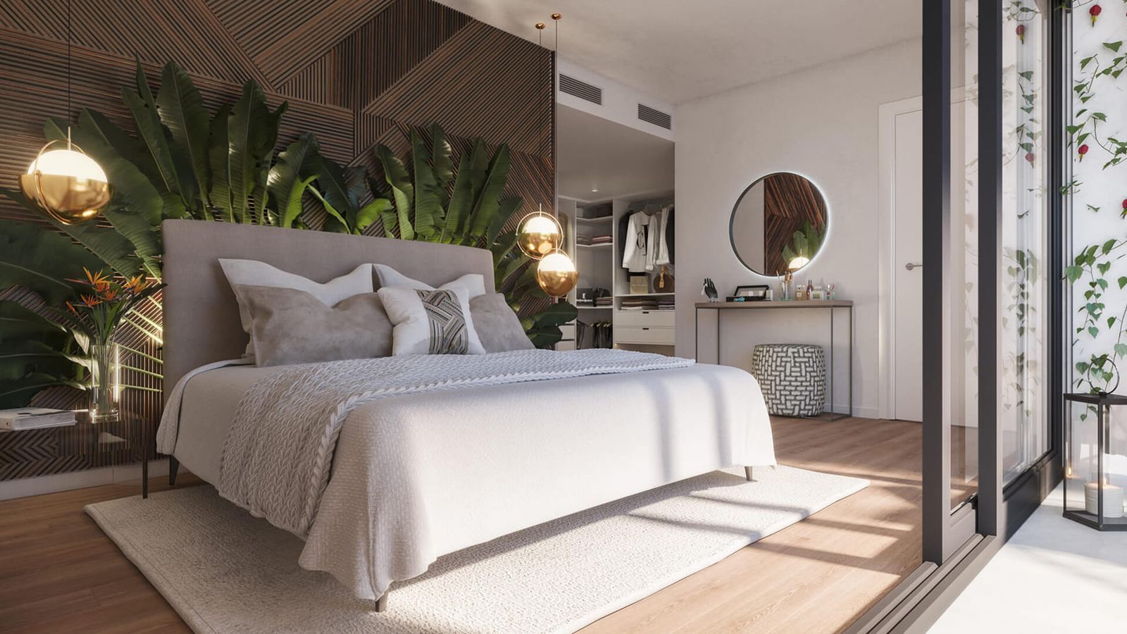 Luxe slaapkamerinterieur met planten, inloopkast en moderne verlichting.