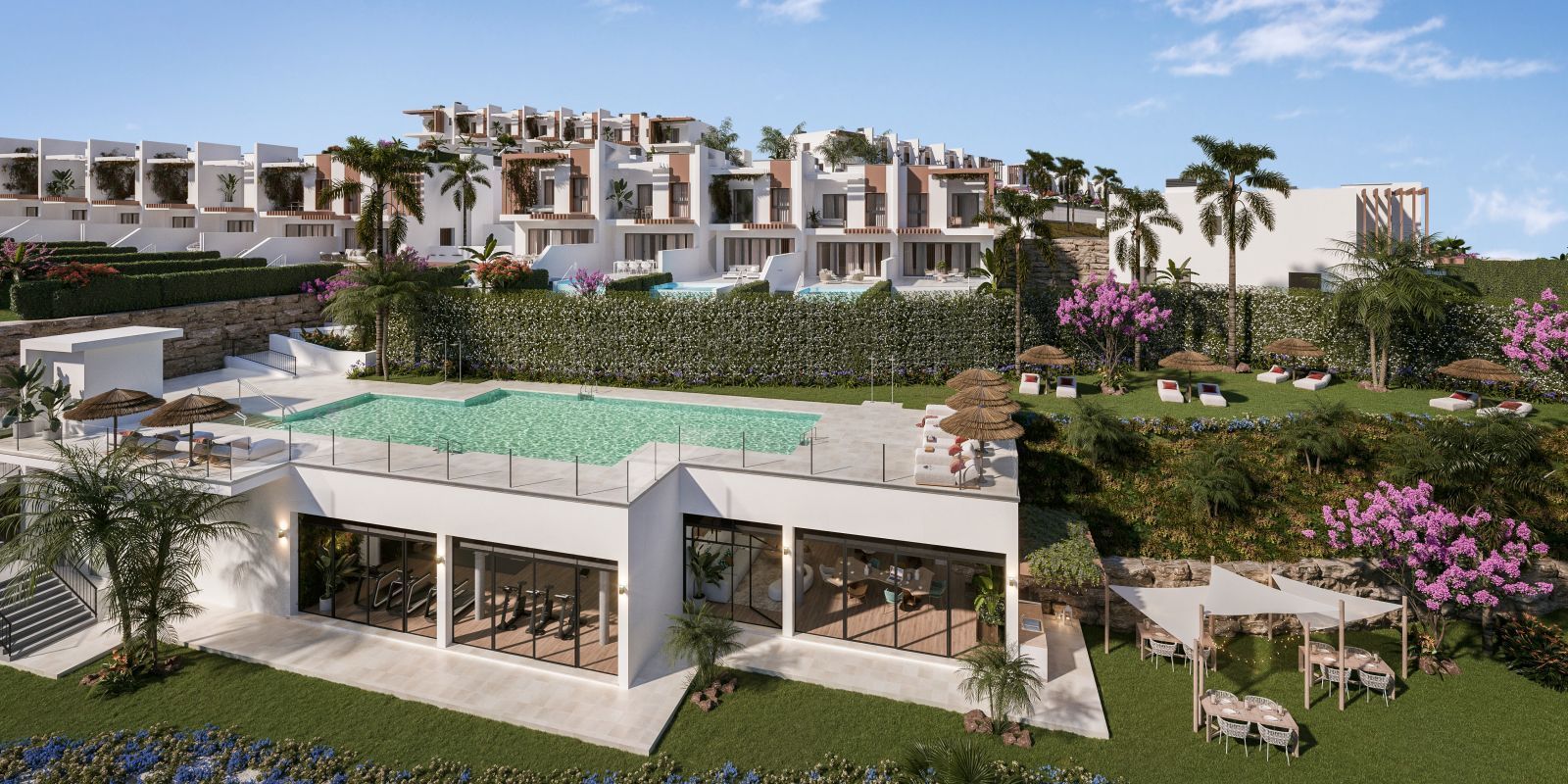 Overzicht van Soleia Living met zwembad, tuin en woningen.